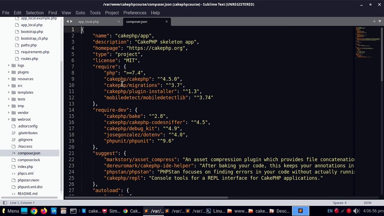 composer.json file and structure of a CakePHP 4 project