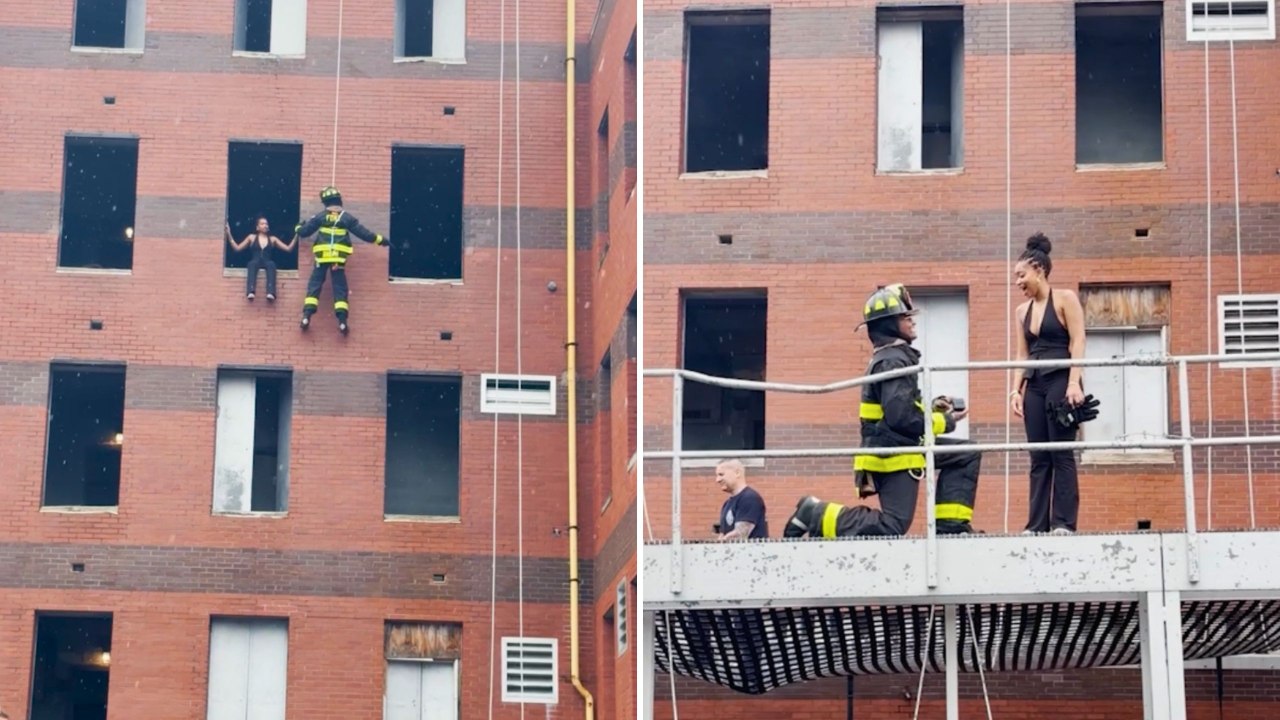 Firefighter Rappels Building To "Rescue" Girlfriend Before Surprise Proposal | Happily TV