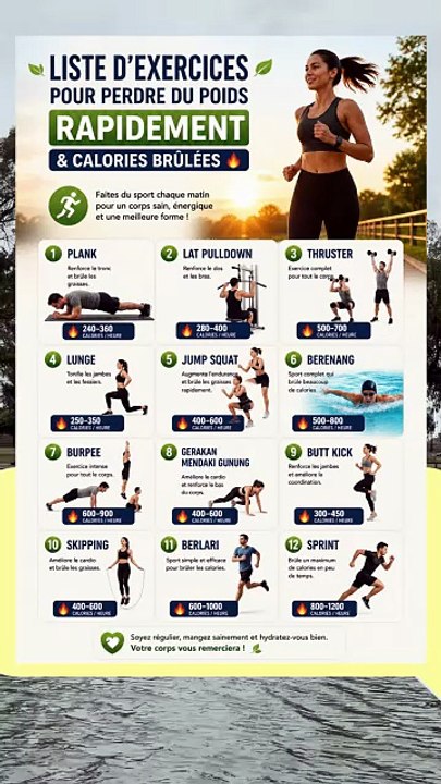 Liste d'exercices pour perdre du poids rapidement et calories brûlées
