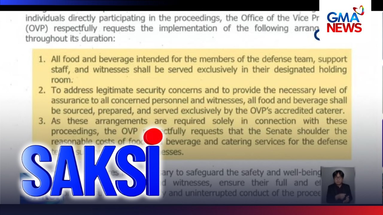 Umano'y liham ni VP Duterte kay SP Gatchalian, humihiling na sagutin ng Senado ang pagkain at catering services ng defense team at staff | Saksi