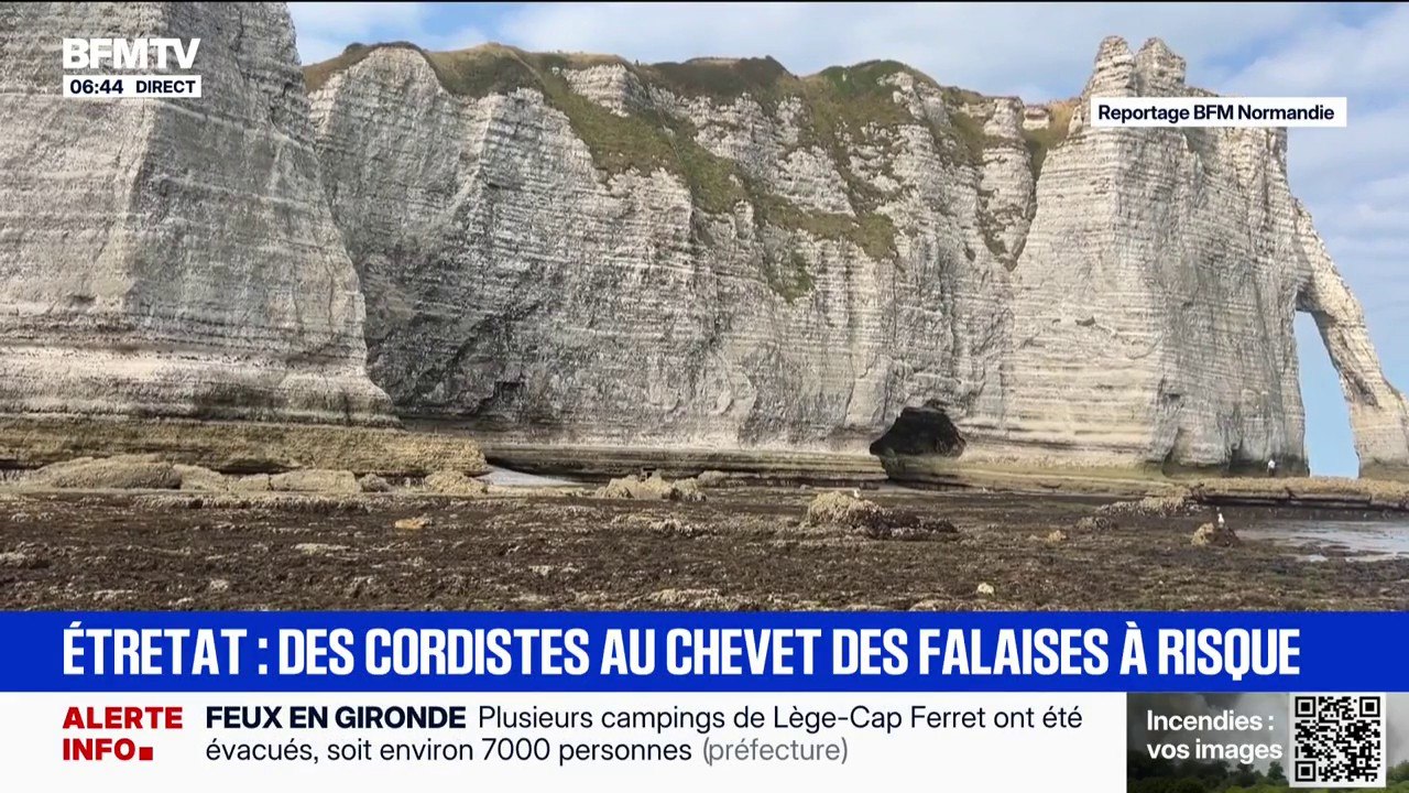 Des cordistes au chevet des falaises d'Étretat