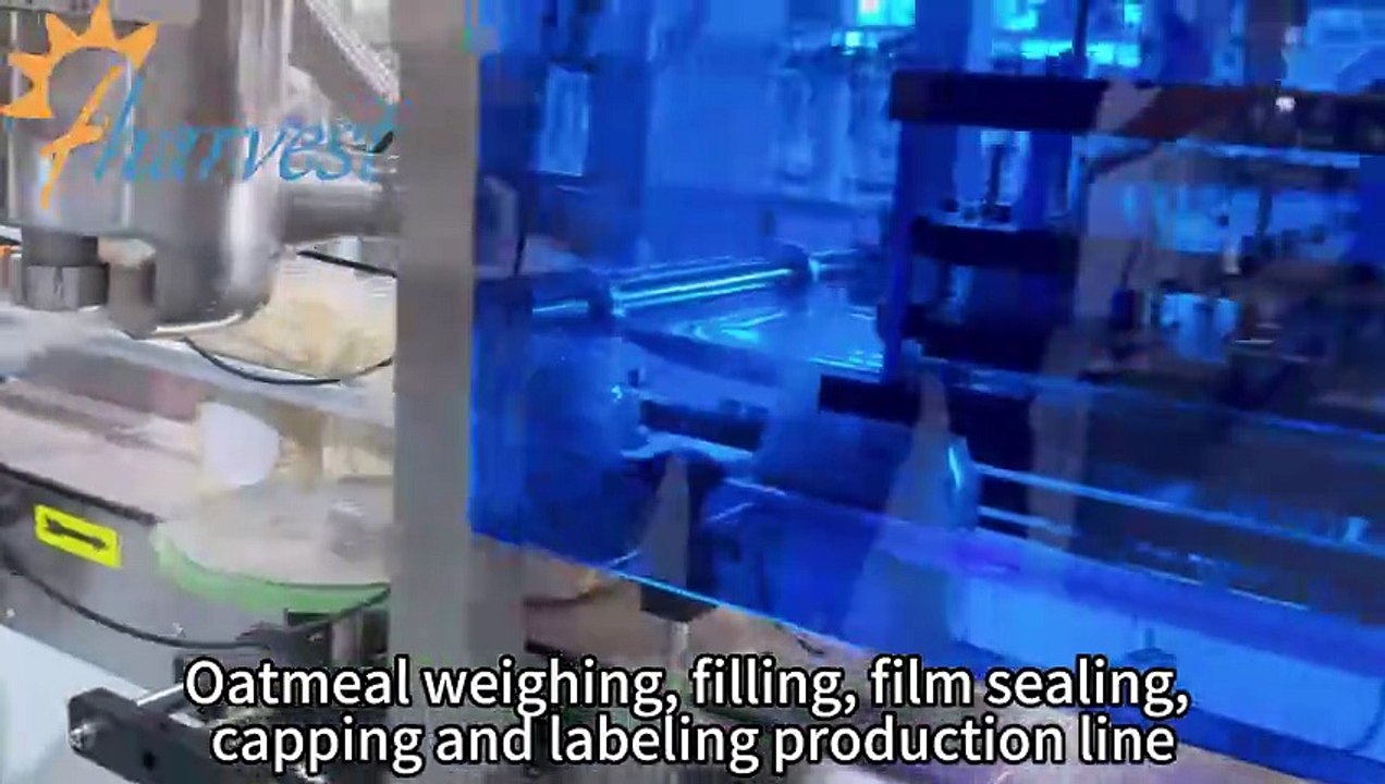 Recommend GZFharvest’s oatmeal packaging production line: weighing and filling, roll film sealing, screw capping, and labeling.