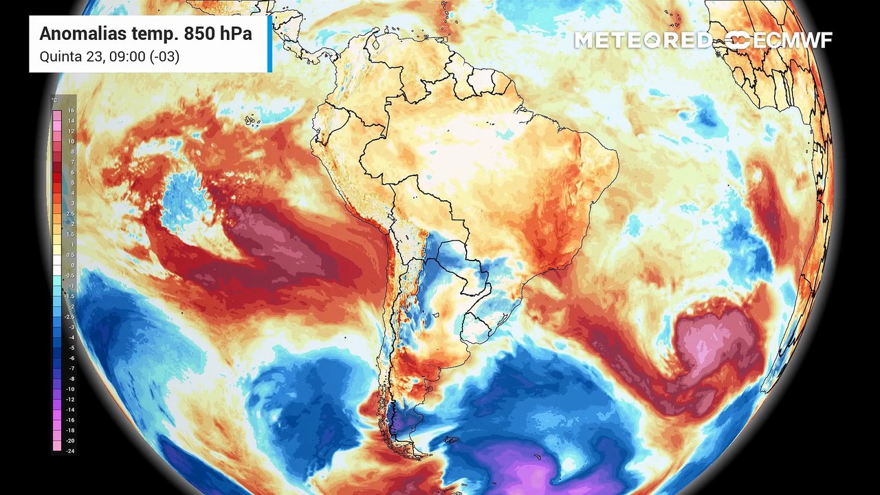 Quinta-feira, 23 de julho: Anomalia de temperatura em 850 hPa.