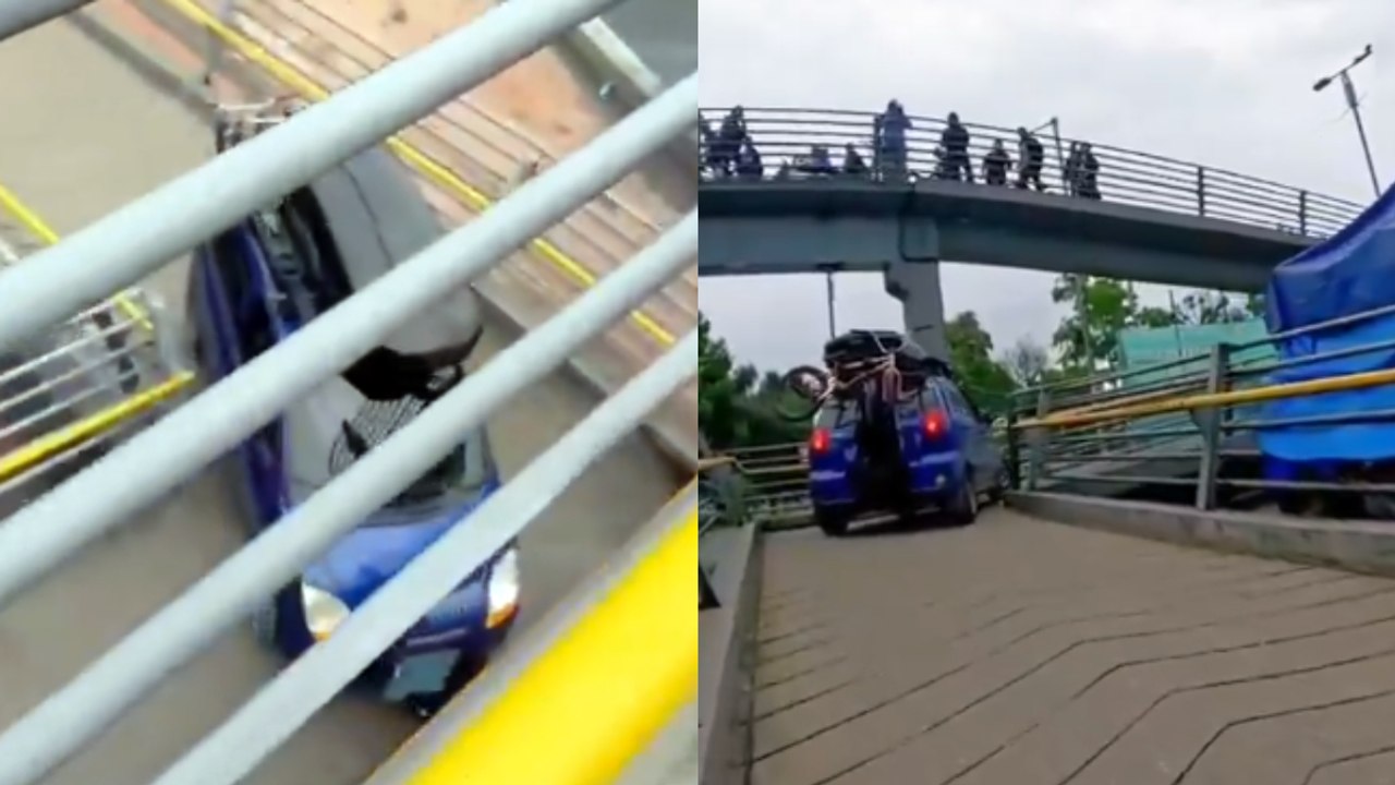 ¡Indignante! Intentaron subir un carro por un puente peatonal de Bogotá: quedó en video