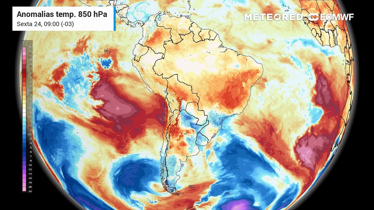 Sexta-feira, 24 de julho: Anomalias de temperatura do ar em 850 hPa