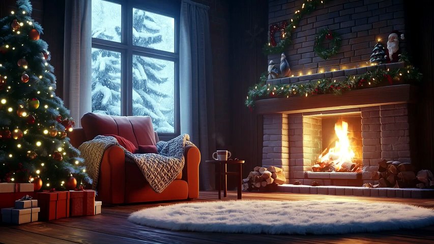 Musique jazz dans un chalet chaleureux ⛄ Neige hivernale et crépitement du feu pour calme