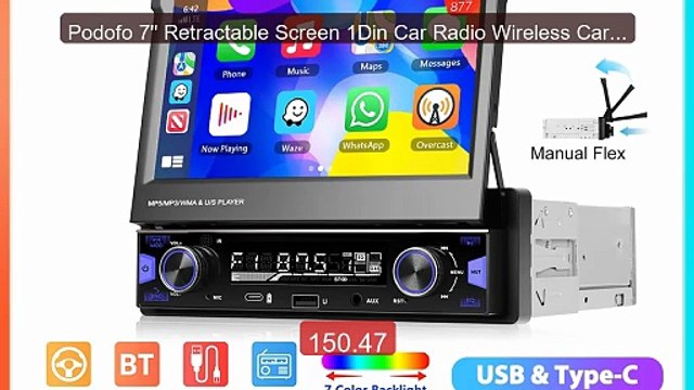 Podofo 7'' Retractable Screen 1Din Car Radio Wireless Carplay Andro... Top Rated 2026 | Buy Now!