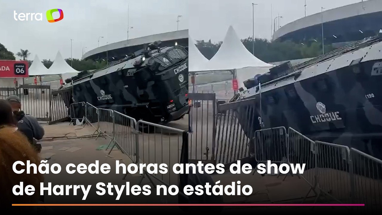 Chão cede e caminhão da Tropa de Choque afunda próximo ao estádio antes de show de Harry Styles