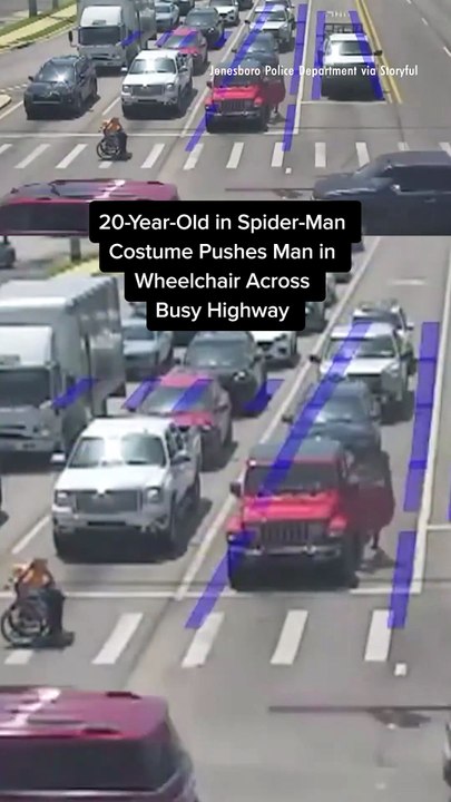 20-Year-Old in Spider-Man Costume Pushes Man in Wheelchair Across Busy Highway