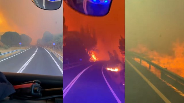 La angustiosa entrada por carretera de los bomberos en un monte envuelto por las llamas del incendio