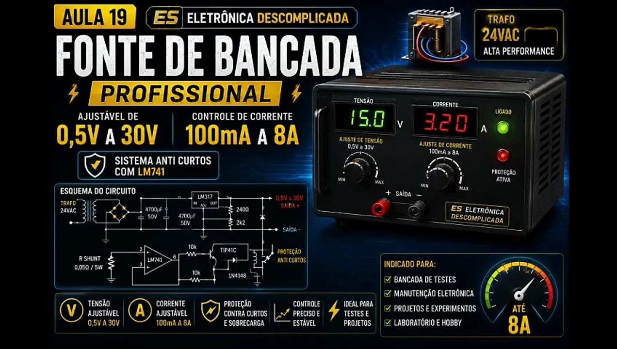 AULA 19 - FONTE DE BANCADA 1-30V COM LIMITADOR DE CORRENTE