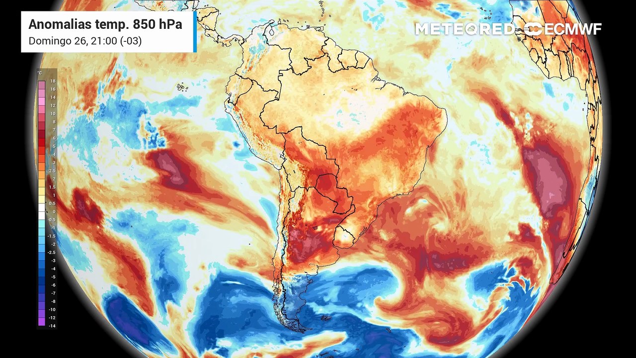 Domingo, 26 de julho: anomalia de temperatura em 850 hPa (massas de ar)