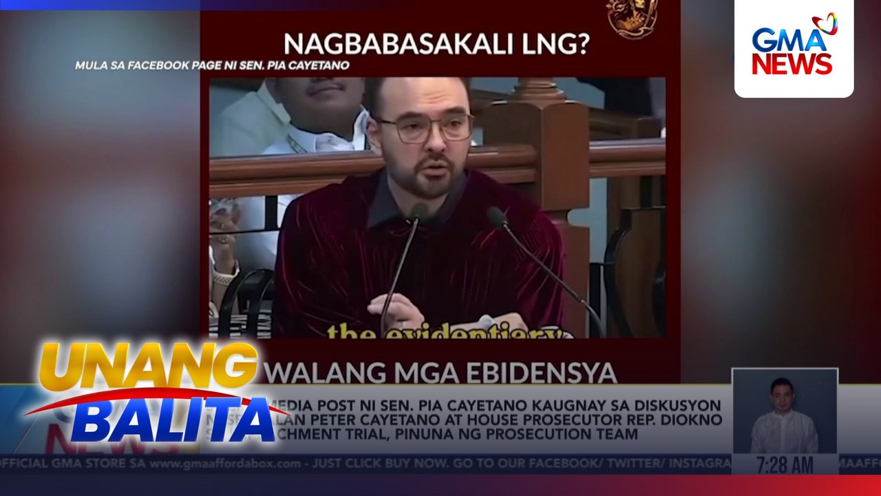 Social media post ni Sen. Pia Cayetano kaugnay sa diskusyon ni Sen. Alan Peter Cayetano at House Prosecutor Rep. Diokno sa impeachment trial, pinuna ng Prosecution Team | Unang Balita
