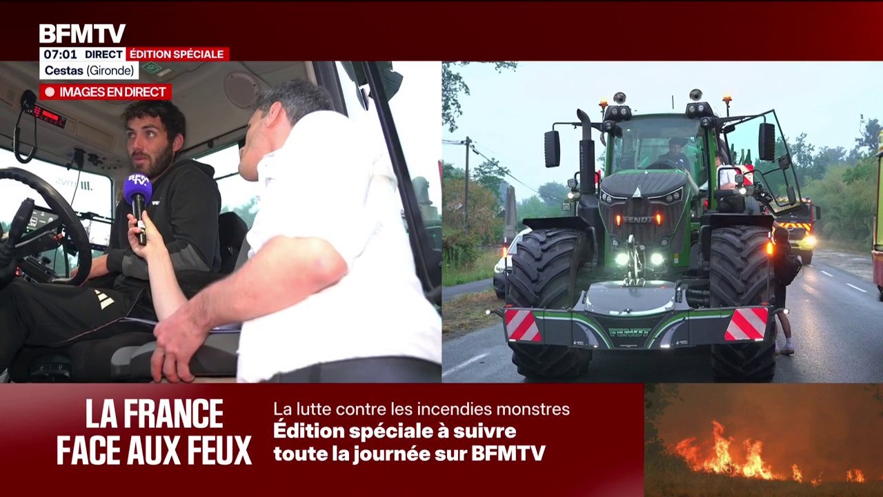 Feux en Gironde: "Avec la fumée qu'on se prend on a les yeux qui sont arrachés", déclare Aurélien, un habitant du département qui aide les pompiers avec son tracteur