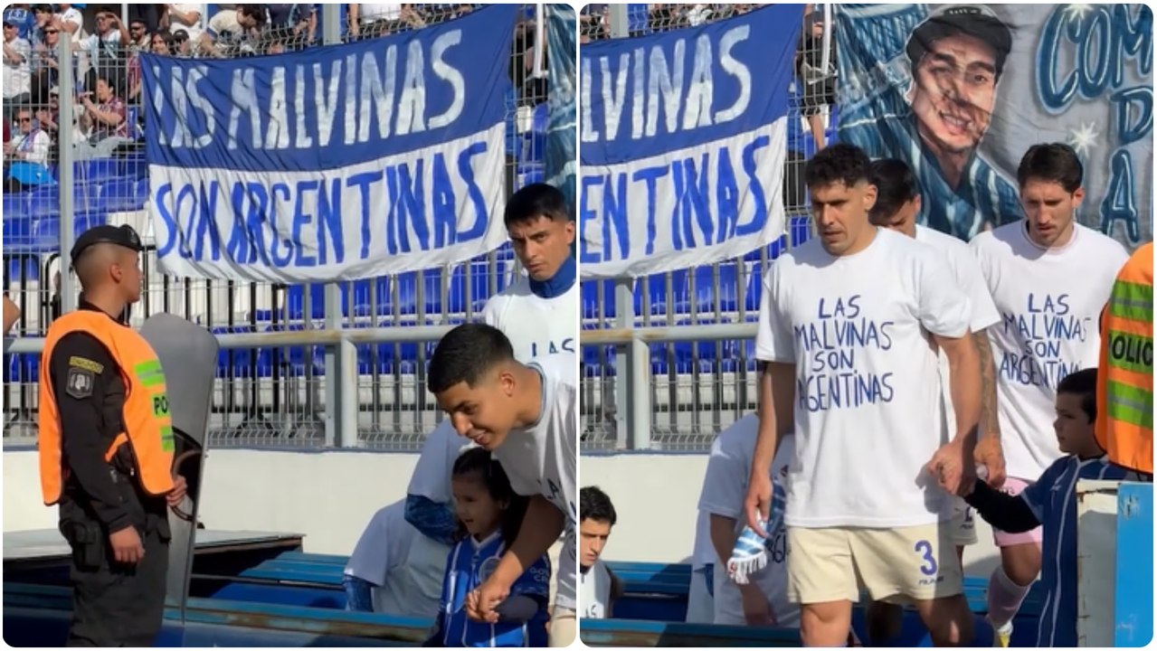Los jugadores de Club Godoy Cruz salen al campo con camisetas con el mensaje:"Las Malvinas son Argentinas"  