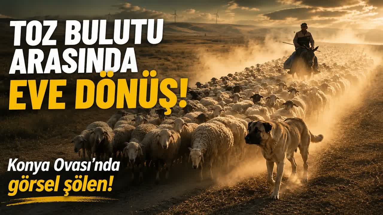 Tarlalar arasındaki koyun sürülerinin tozlu yolculuğu