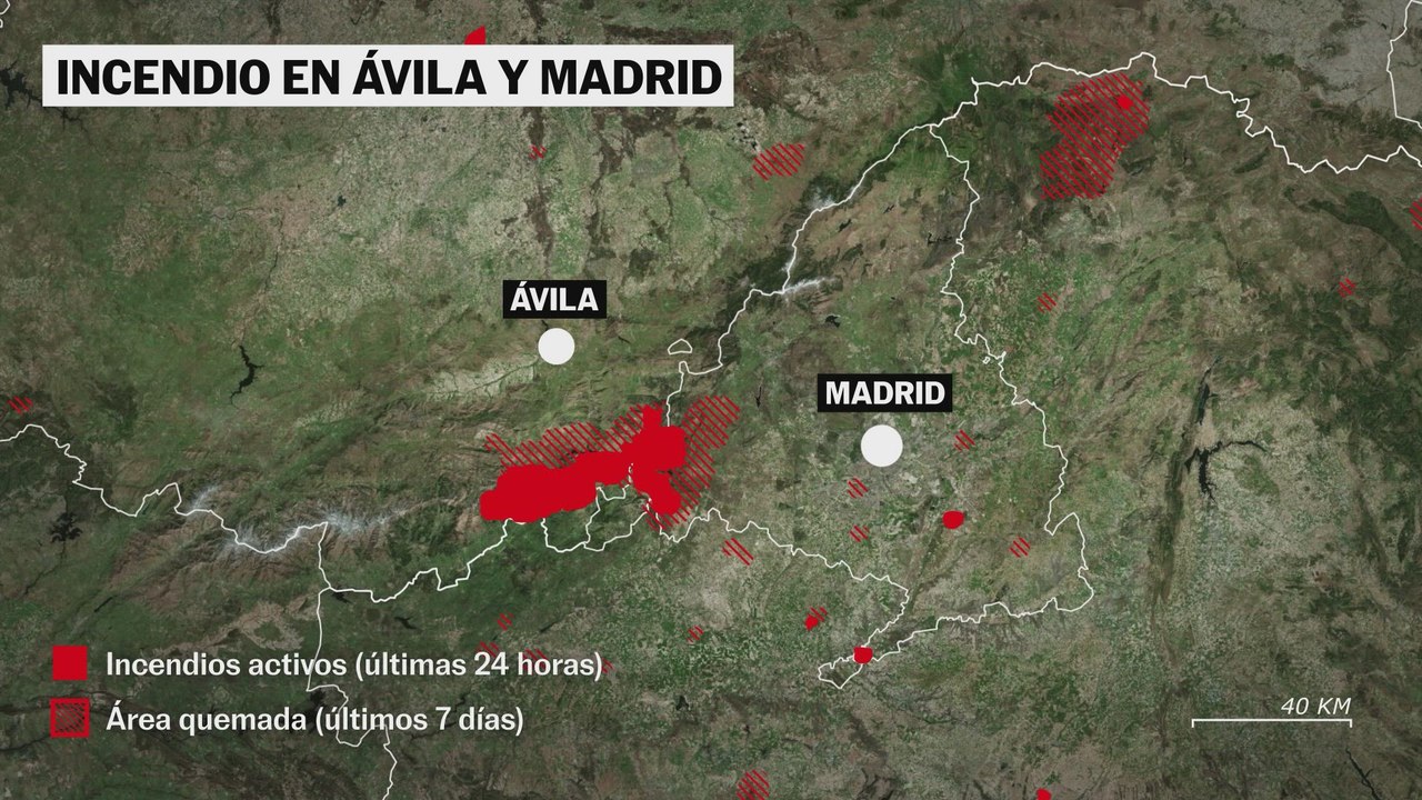 La representación gráfica del territorio afectado por el fuego en Ávila, Madrid y Castellón