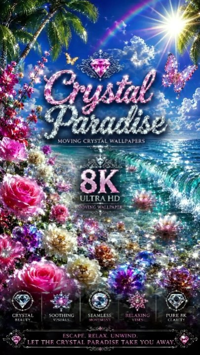 🌸 Crystal Paradise Beach 🌊 10 Minutes of Soft Ocean Waves | 4K UHD Moving Crystal Wallpaper | Relax & Unwind