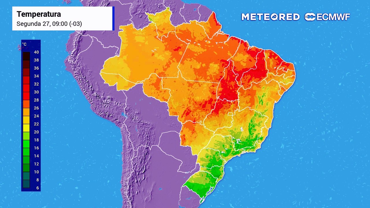 Segunda-feira, 27 de julho: Previsão da temperatura do ar em superfície