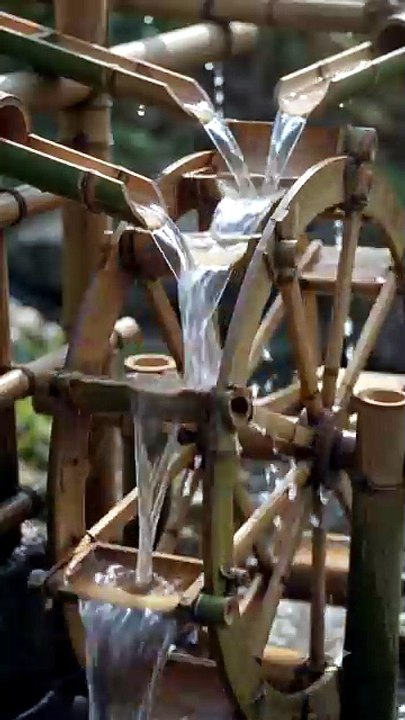 Bamboo Water Wheel Cascade Sounds | Relaxing Nature ASMR & Flowing Water