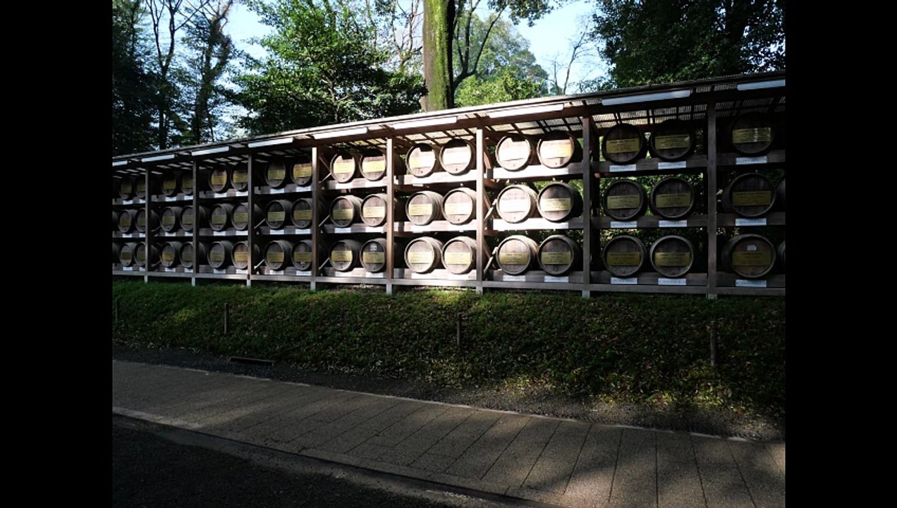 Meiji Jingu Shrine: Across from the sake barrels, wine barrels are also on display
