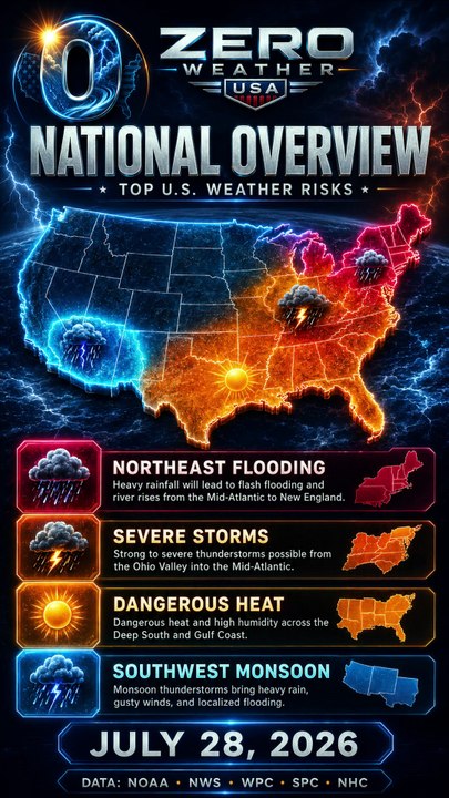 USA Weather Today — July 28, 2026 | Northeast Flash Flood Risk, Dangerous Southern Heat
