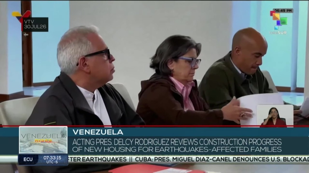 Acting pres. Delcy Rodriguez reviews construction progress after earthquakes