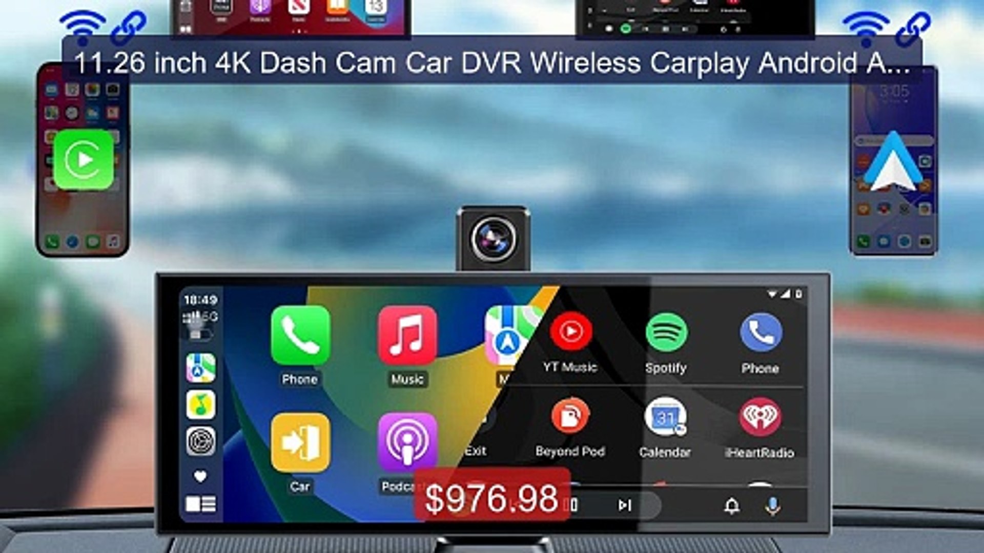 11.26 inch 4K Dash Cam Car DVR Wireless Carplay Android Aut