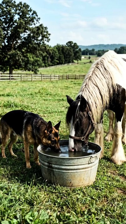 German Shepherd & Gypsy Vanner Horse ❤️‍ Friends Drinking Water Together