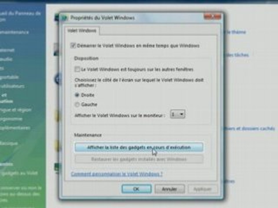 Gestion du volet Windows Vista