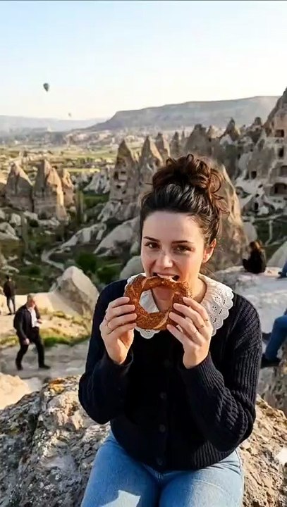 Eating Traditional Turkish Simit in Cappadocia with Hot Air Balloons 🎈 | Travel Vlog