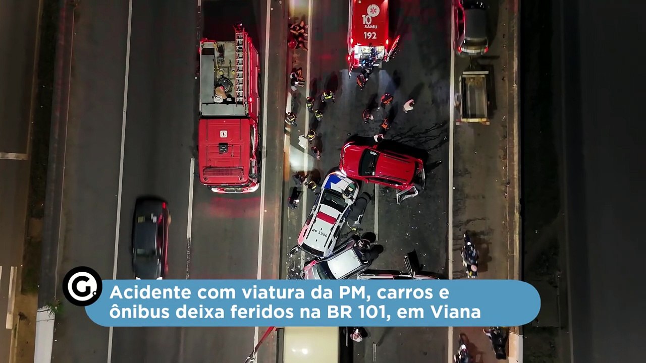 Acidente com viatura da PM, carros e ônibus deixa feridos na BR 101, em Viana
