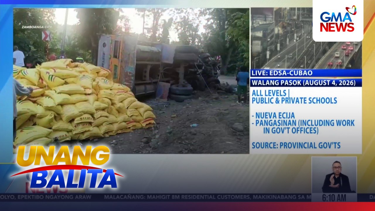 Truck na may kargang 1,200 sako ng bigas, tumagilid matapos mawalan daw ng preno; driver at pahinante, sugatan | Unang Balita