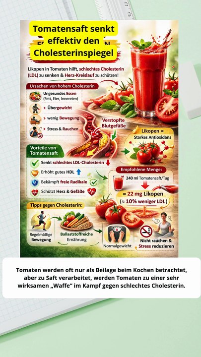 Tomatensaft ist reich an Antioxidantien und senkt effektiv den Cholesterinspiegel.