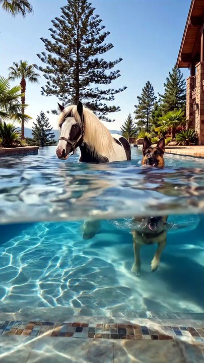 Gypsy Vanner Horse Friend German Shepherd Swimming in Pool