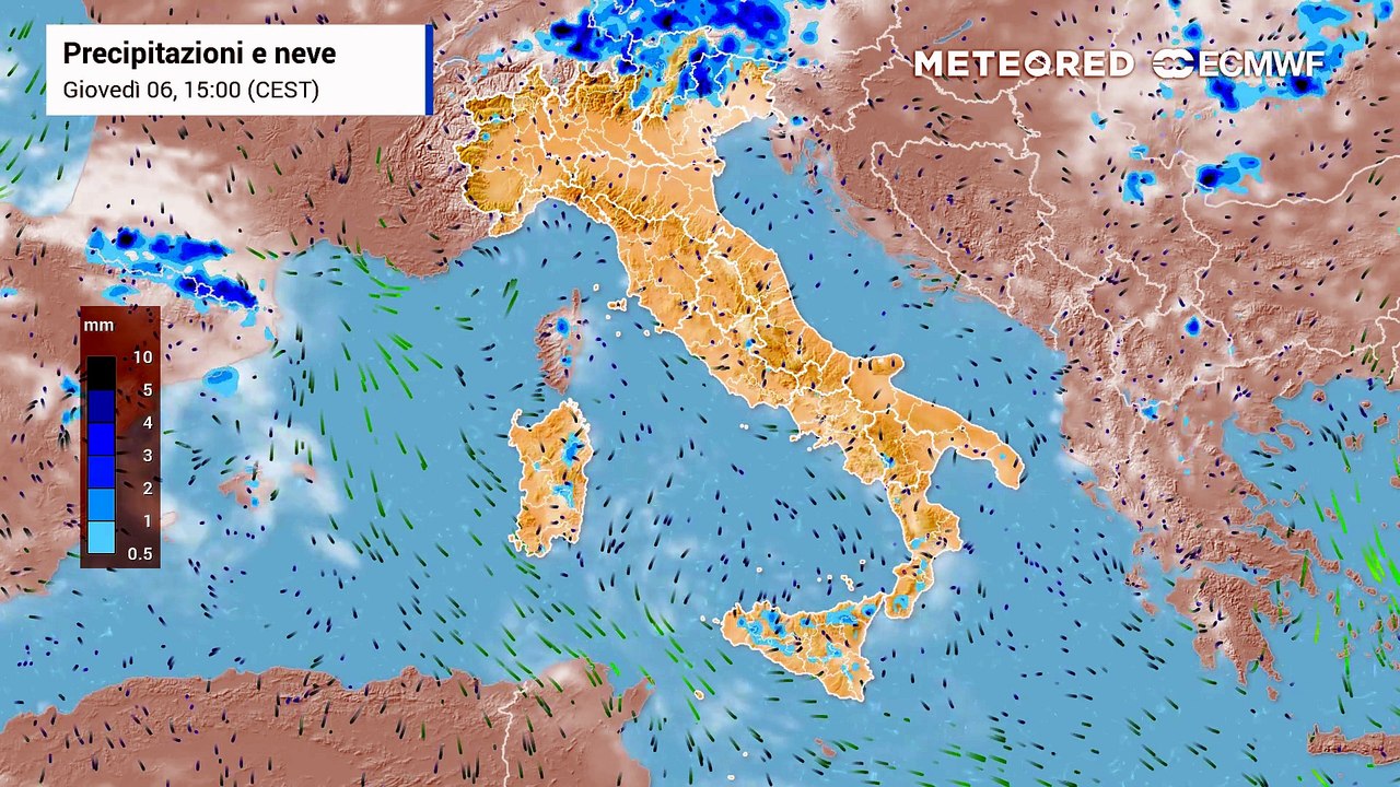 Per il 7 agosto, un parziale cedimento della struttura anticiclonica porterà dei temporali al nord, specie sulle Alpi, ma con confinamenti possibili anche su parte delle pianure, specie quelle orientali.