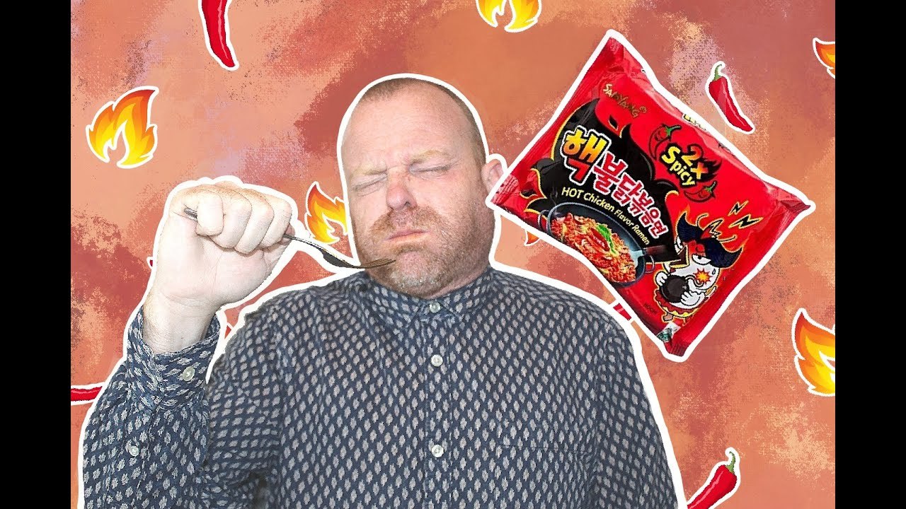 Tiny Tim eating flaming hot 2x Spicy Ramen Noodles!