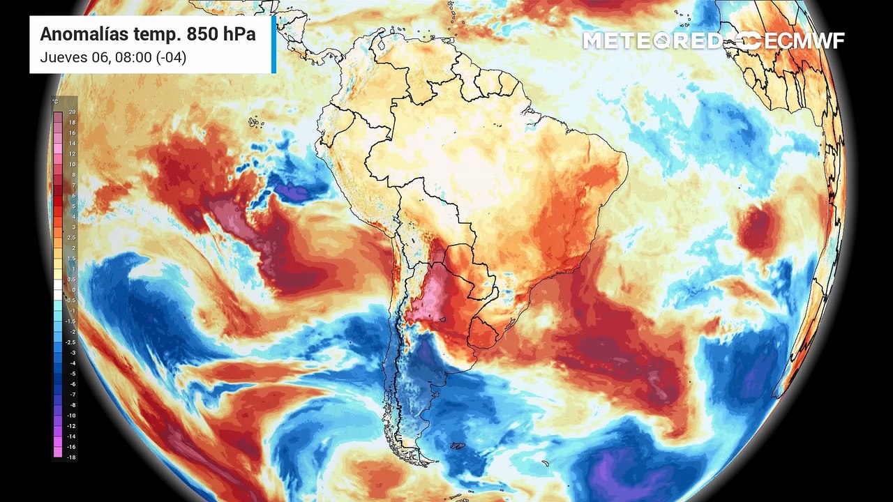 Pronóstico de anomalías de temperatura a 850 hPa: jueves 6 de agosto
