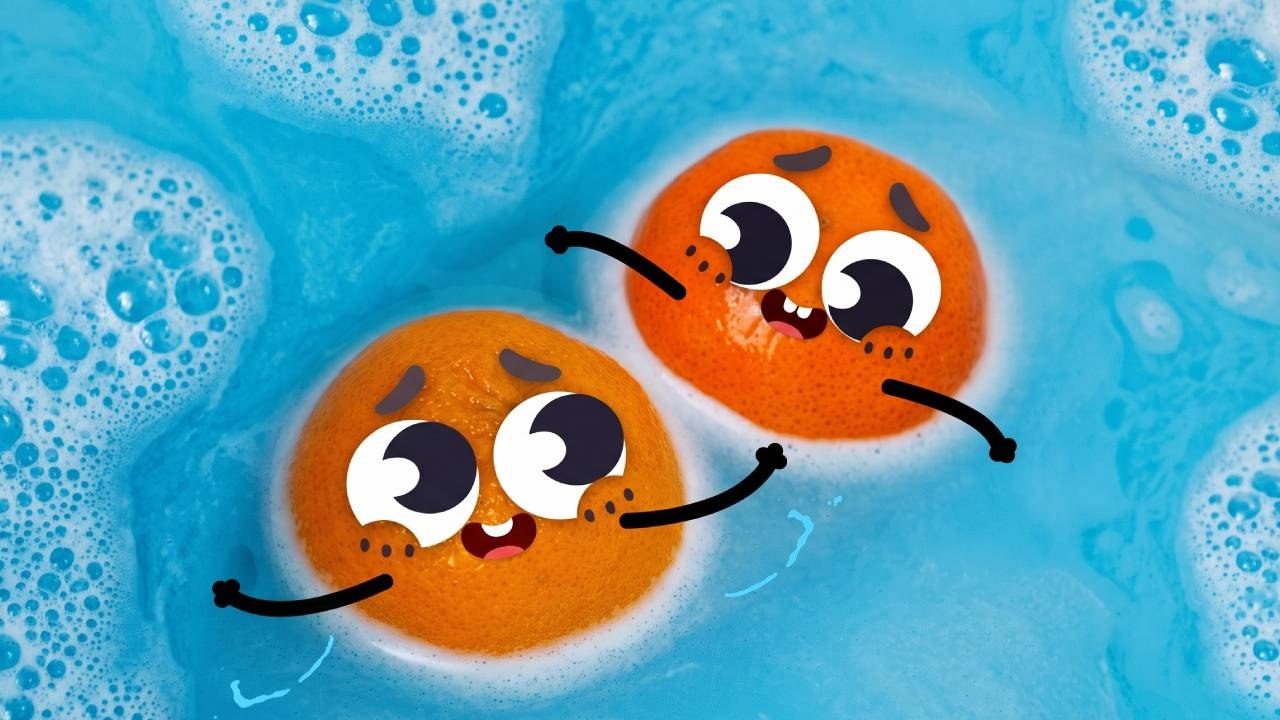 Cheerful Bubble Bath Fun with Animated Fruit Characters