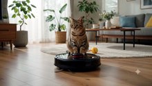 ロボット掃除機の上に猫が乗って遊んでいる