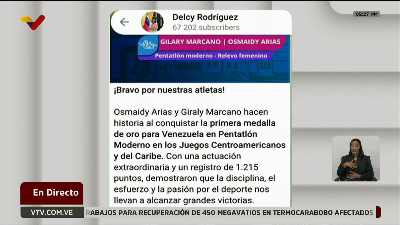 Pdta. Rodríguez felicita a Osmaidy Arias y Giraly Marcano por conquistar medalla de oro en Pentatlón Moderno