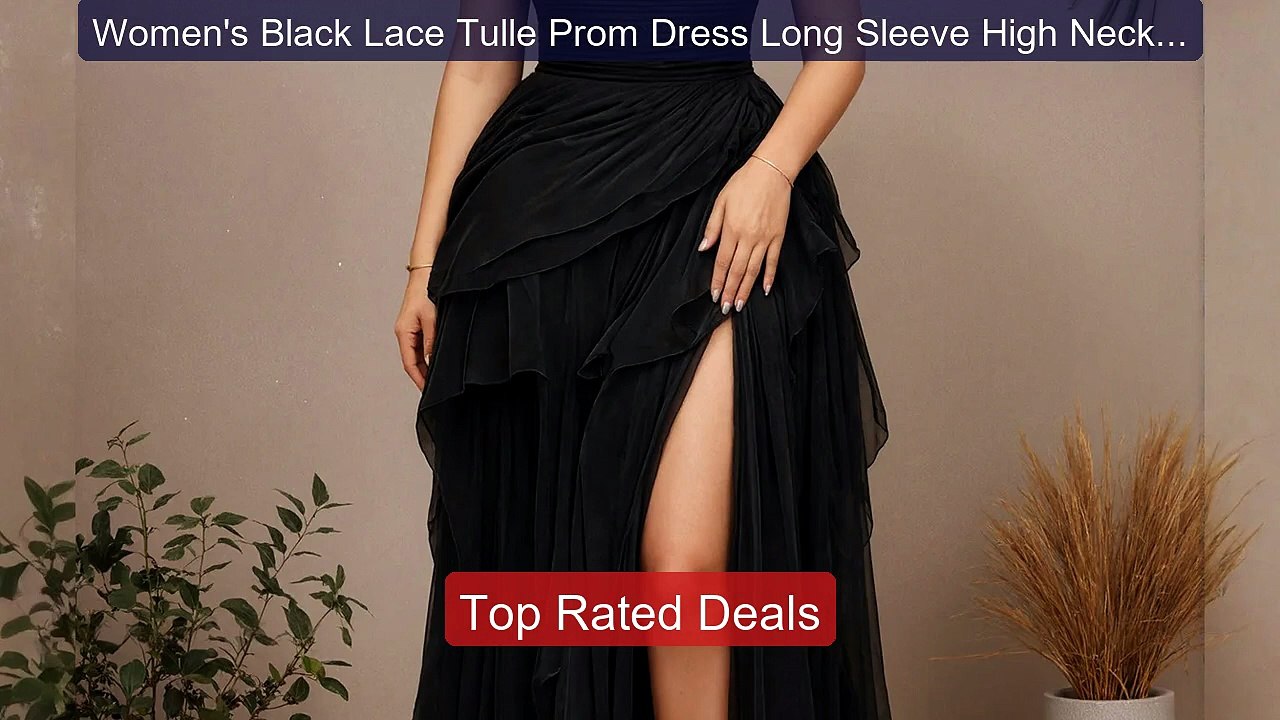 Women's Black Lace Tulle Prom Dress Long Sleeve...