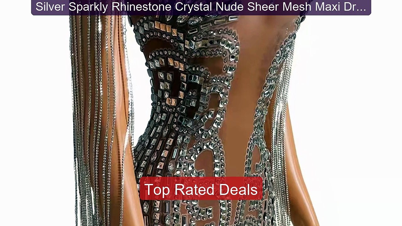 Silver Sparkly Rhinestone Crystal Nude Sheer Mesh Maxi Dress C... -- Best Buy 2026 | Great Quality!