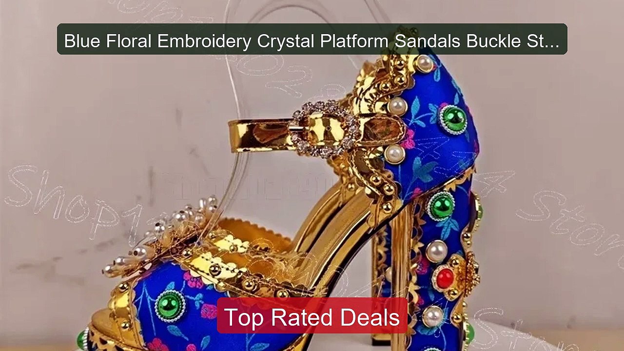 Blue Floral Embroidery Crystal Platform Sandals Buckle Strap Women ... -- Top Rated 2026 | Buy Now!