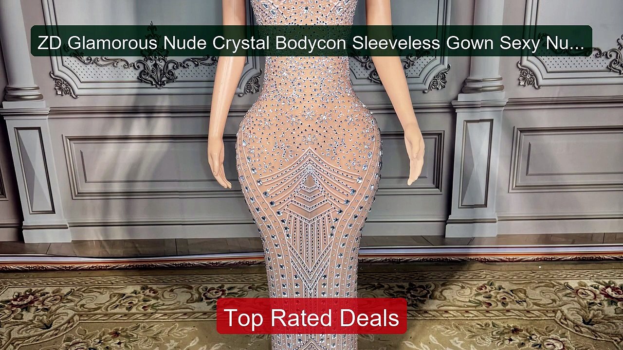 ZD Glamorous Nude Crystal Bodycon Sleeveless Go...