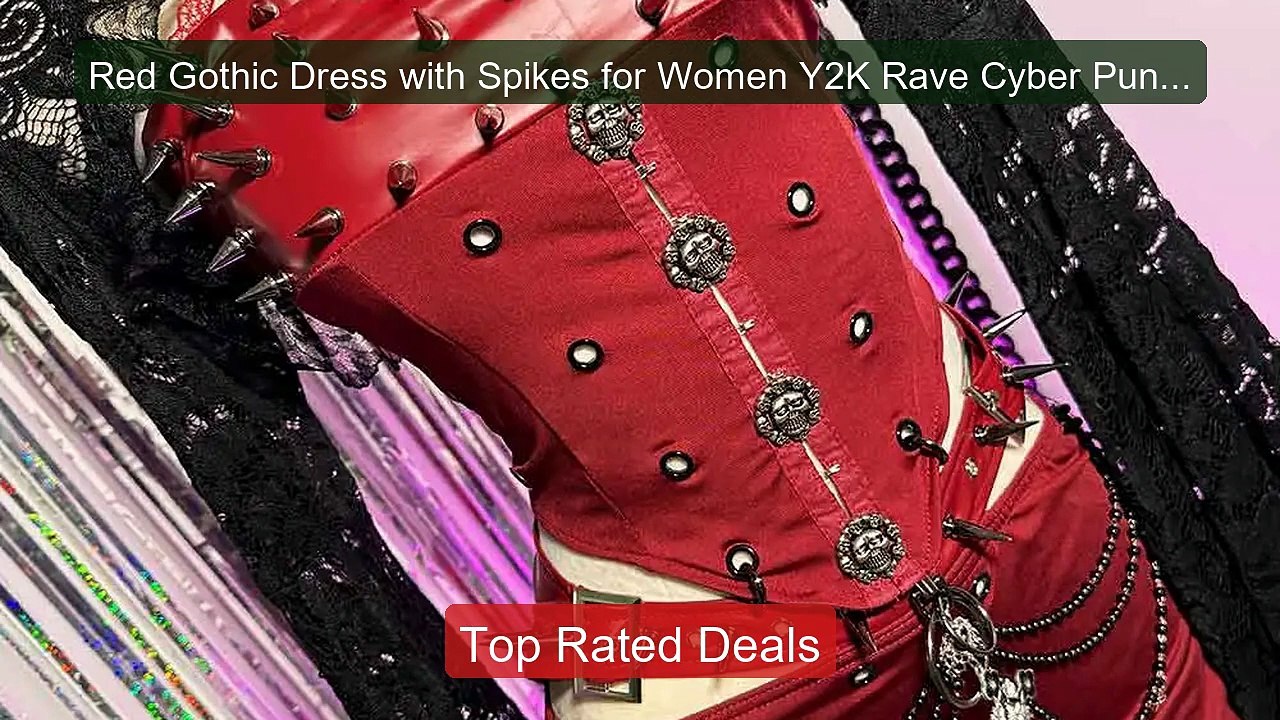 Red Gothic Dress with Spikes for Women Y2K Rave...