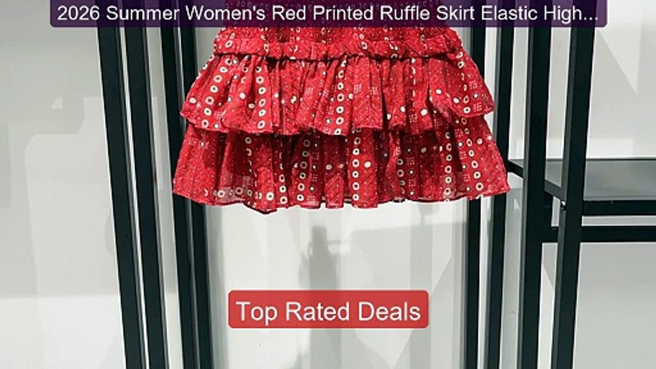 2026 Summer Women's Red Printed Ruffle Skirt Elastic High Waist Lay... -- Top Rated 2026 | Buy Now!