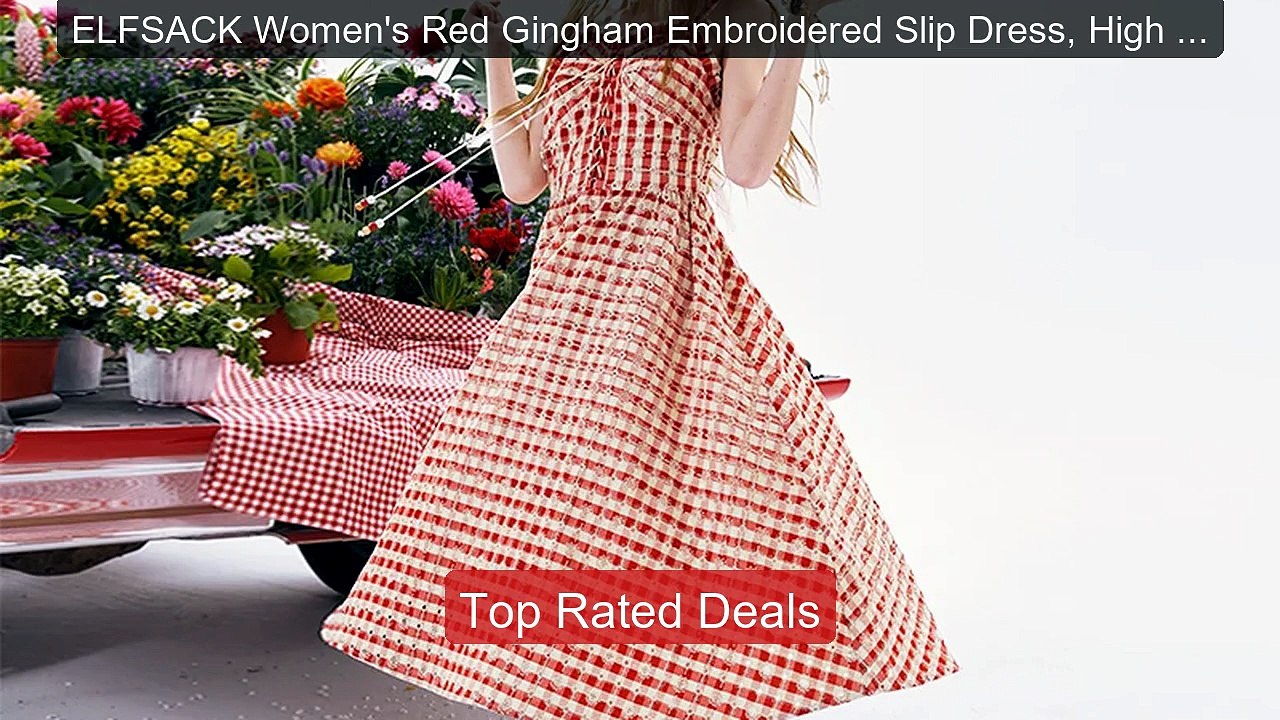 ELFSACK Women's Red Gingham Embroidered Slip Dress, High Waist... -- Hot Deal 2026 | Limited Offer!