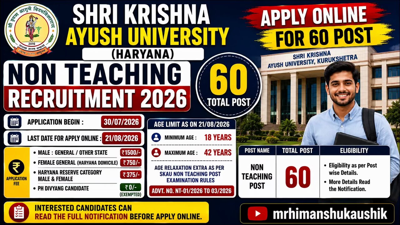 Shri Krishna Ayush University Non Teaching Recruitment 2026 Apply Online for 60 Post #jobs
