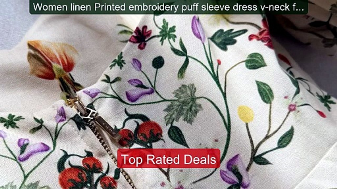 Women linen Printed embroidery puff sleeve dress v-neck fashio... -- Best Buy 2026 | Great Quality!